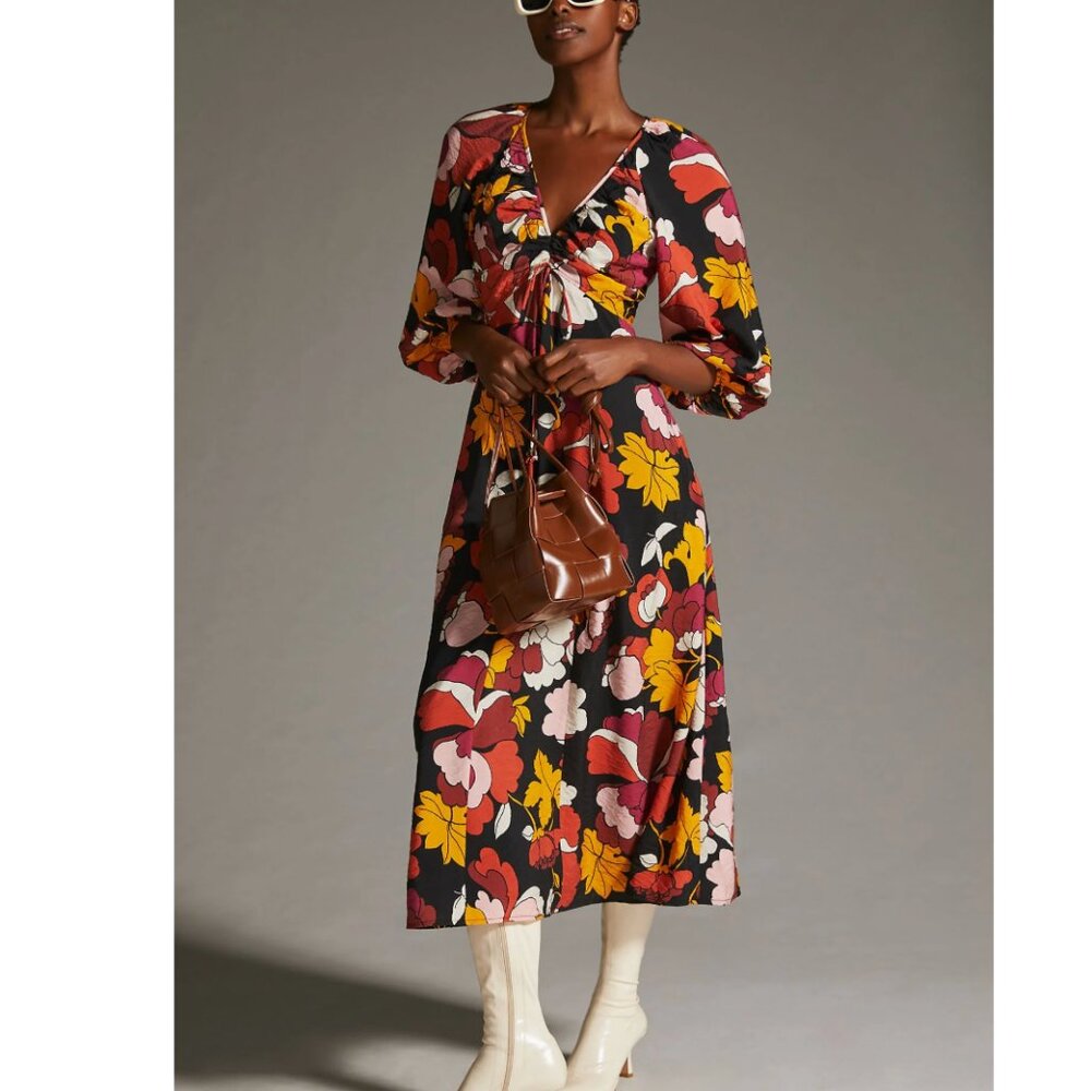 Anthropologie Maeve Deep-V Ruched Midi Mulitcolor Floral Dress Size 4